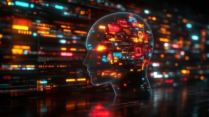 Obraz premium A visually striking abstract AI head portrait made from dynamic dotted arrays with integrated software interface elements symbolizing the digital spirit of innovation