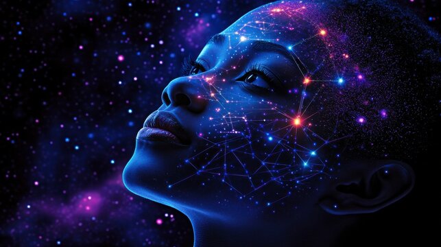 A modern artistic representation of artificial intelligence with a human head composed of particles and high-tech interface lines capturing the essence of digital transformation