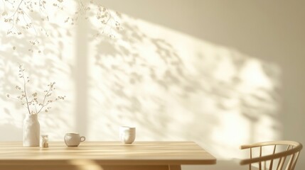 Minimalist Wooden Table Setting With Dried Flowers And Sunlight