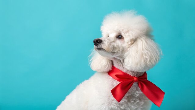 White Poodle with Red Bow on Teal Background, Profile, Portrait, Dog Photography, Pet Photography Poodle, pet