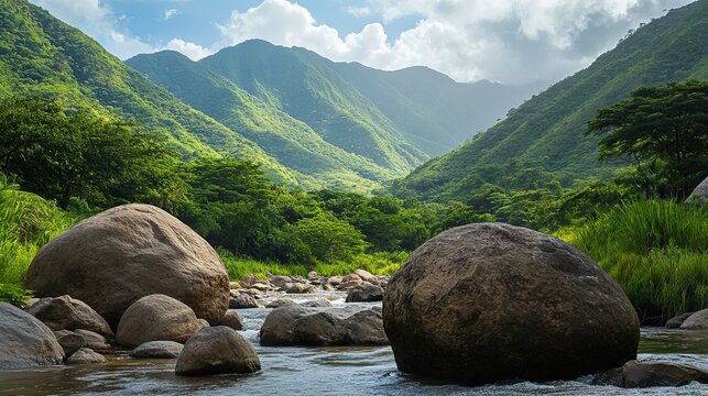 Colossal mahogany boulders rest in a lush river valley encircled by verdant peaks.