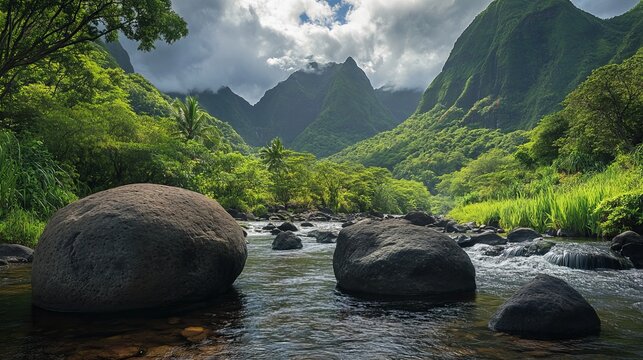 Colossal mahogany boulders rest in a lush river valley encircled by verdant peaks.