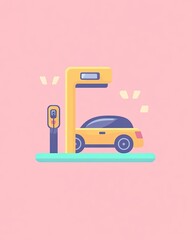 Electric Vehicle Charging: A cute, minimalist illustration depicts a yellow electric car charging at a station against a soft pink background.  The scene is bright and cheerful.