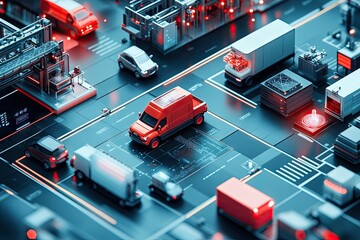 Futuristic Logistics Hub with Autonomous Vehicles and High-Tech Infrastructure