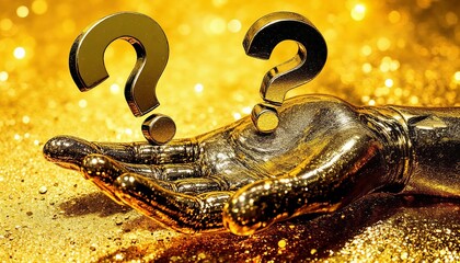Hand, floating question marks, metallic, golden background, surreal, uncertainty, mystery,dramatic lighting, thought-provoking