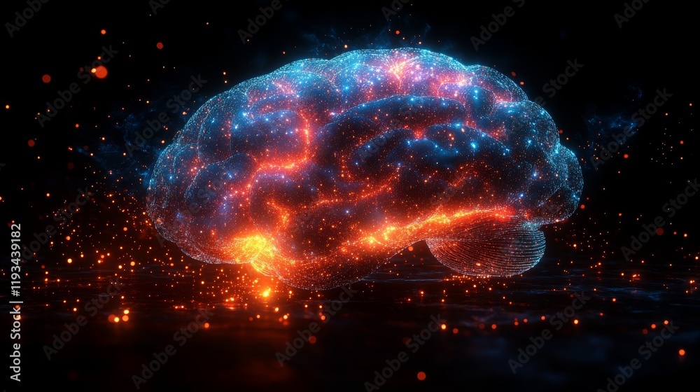 Poster a glowing pulsating brain representing thoughts illuminated in a dark abstract background