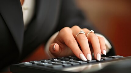 Closeup of a businesswoman in an elegant suit typing on a calculator with hand fingers