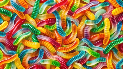 A vibrant and colorful assortment of gummy worms, showcasing a rainbow of flavors and textures, perfect for satisfying sweet cravings.