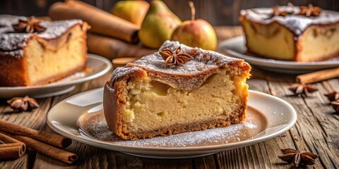 A Slice of Apple Cake Decorated with Anise Stars and Powdered Sugar on a Wooden Table