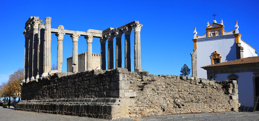 Lanmdarks of Portugal. Alentejo region, Evora town, Unesco heritage site. Roman temple of Diana - unique antique roman temple in the country
