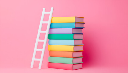 Colorful books stacked with little ladder, isolated on solid background