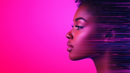 Vibrant Holographic Portrait of Black Woman with Digital Effects on Pink Background Capturing Futuristic and Artistic Conceptual Style Ideal for Modern Tech and Creative Visual Designs