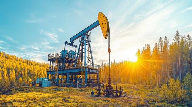 The sun setting behind a silhouette of an oil rig, with pumps in the foreground operating, demonstrating the constant activity and innovation within the global oil industry as day transitions to