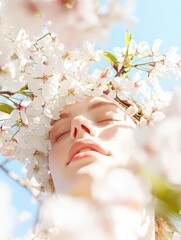 Obraz premium Playful woman surrounded by cherry blossoms outdoor setting portrait bright sky creative concept