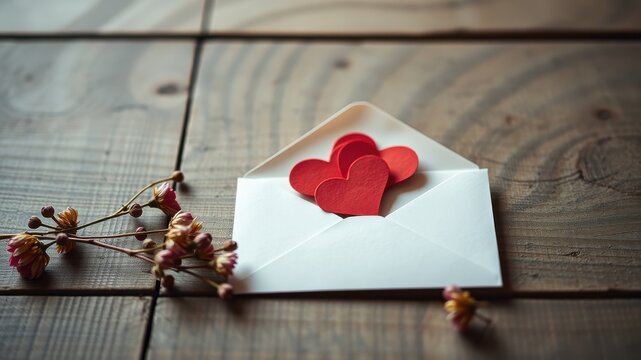 Romantic message in a white envelope with red hearts and dried flowers on a wooden surface