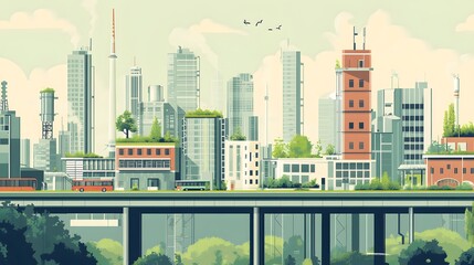 Obraz premium Green Cityscape Modern Buildings and Lush Greenery