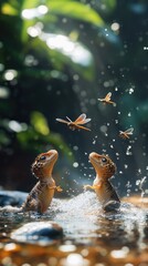Two Lizards Playfully Interacting with Dragonflies in a Lush Forest Stream