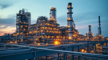 A nighttime view of a petrochemical plant, with bright lights illuminating the large structures and flare stacks, demonstrating the intense activity in the energy sector.