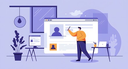 Collaborative workspace concept with character editing profile on large screen in modern flat illustration. Purple hues and minimalist details for teamwork, profile creation, and UI/UX theme