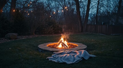 A cozy backyard storytelling night with a fire pit and blankets for guests