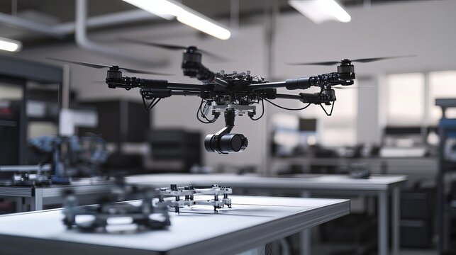 A robot assembling intricate components in a clean, high-tech drone manufacturing lab with organized assembly stations and advanced robotic arms, Drone assembly tech style
