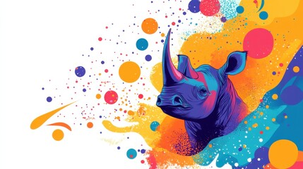 Obraz premium Colorful Artistic Representation of a Rhinoceros with Abstract Splash Background in Vibrant Hues of Blue, Pink, and Orange