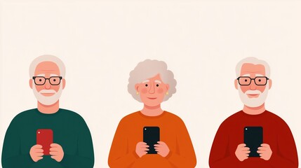 Naklejka premium Senior Tech Workshop Illustration with Elderly Learners Using Smartphones in a Minimalist Style
