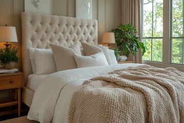 serene bedroom featuring a plush, oversized bed adorned with soft linens, a minimalist nightstand holding a small lamp, warm tones and gentle lighting creating a calm, restful environment