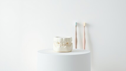 A whimsical dental model toothbrush holder sits on a minimalist pedestal with pastel toothbrushes in the background.
