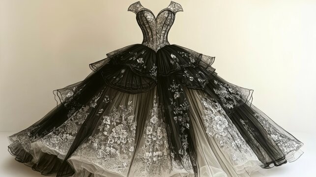 A fashion sketch of a couture ball gown with layers of tulle, lace detailing, and a sweetheart neckline, illustrating the grandeur and intricate design of high fashion.