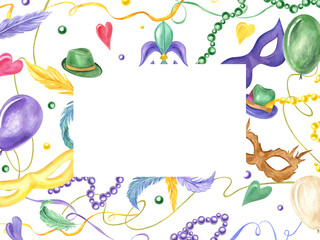 Watercolor Mardi gras elements horizontal frame. Colored hats, carnival masks with feathers, balloons, beads, ribbons illustration. Copy space for text. New Orleans parade invitation, greeting cards