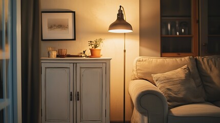 Cozy living room with warm lighting and comfortable sofa