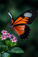 Naklejka premium A vibrant orange butterfly perched on pink flowers, showcasing intricate wing patterns against a blurred green background.
