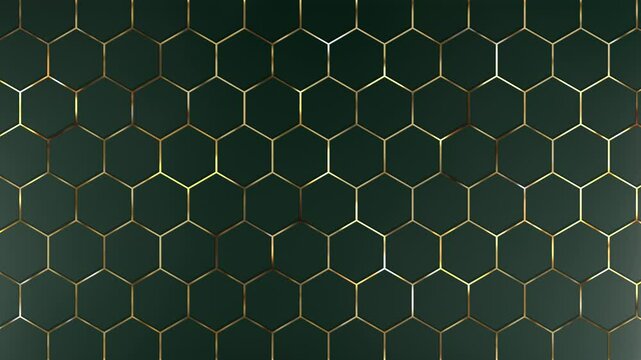 Abstract green background of hexagons with gold accents. Looped luxury pattern of geometric shapes. Simple minimal elegant expensive background dark green 3d BG.