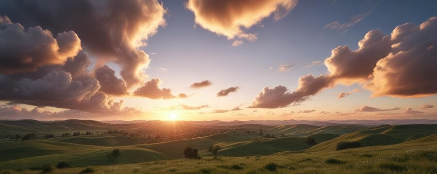 A stunning sunset over a landscape of rolling hills and vast skies with puffy white clouds , sunset,