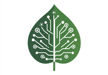 Obraz premium Green leaves, but the texture of the leaves is designed to look like a circuit board pattern. In the center of the leaf, there is an icon of a small house