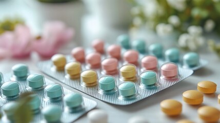 Close-up of pastel-colored pills in blister packs, softly blurred flowers and plants in background.