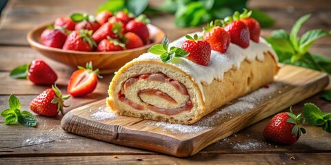 A delectable strawberry roll with a creamy filling, dusted with powdered sugar, sits on a wooden cutting board surrounded by fresh strawberries and sprigs of mint.