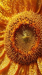 Stunning Close Up of a Vibrant Yellow Sunflower Revealing its Intricate Petal and Seed Head Patterns with a Mesmerizing Natural Geometry and Fractal Like Design