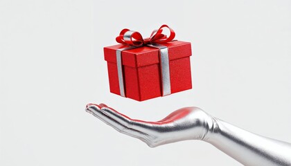Red gift box, shiny ribbon, floating above hand, glossy silver skin, white background, surreal, holiday season, product photography style