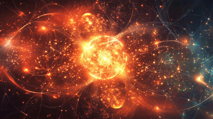 A futuristic digital design with glowing neural networks and intricate circuit patterns on a dark background.