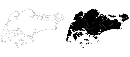 Singapore map, Singapore outline and districts administration map set - illustration version