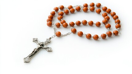 Wooden Bead Rosary with Crucifix on White Background
