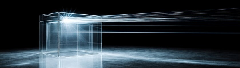 Illuminated Glass Cube with Light Beams in Dark Space for Abstract Art and Design