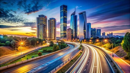 Obraz premium Elevated Road & Madrid Cuatro Torres Skyscrapers: Stunning Cityscape Stock Photo