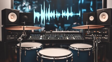 Contemporary Music Studio Featuring Drum Set and Advanced Sound Equipment for Production.