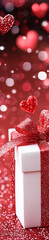 Obraz premium A white gift box with red bow on a red background with hearts. 