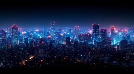 Obraz premium A futuristic city skyline with towering skyscrapers, connected by glowing digital networks, symbolizing the integration of innovation and technology in urban development.