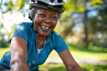 A smiling senior black woman riding his moutain bicycle along a tree-lined path in a park, Happy elderly african female cycling on bike to keep fit healthy & active