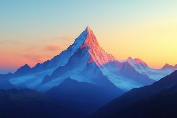 silhouette of a rugged mountain peak against a softly illuminated dawn sky, warm colors blending together, evoking a sense of tranquility and the beauty of nature